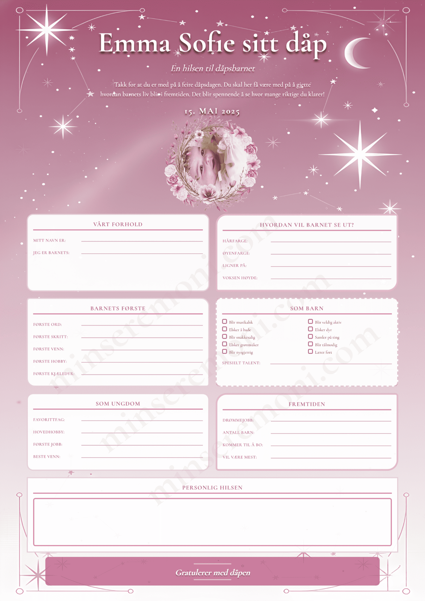 Personlig dåpsark i rosa - inspirasjon til jentedåp