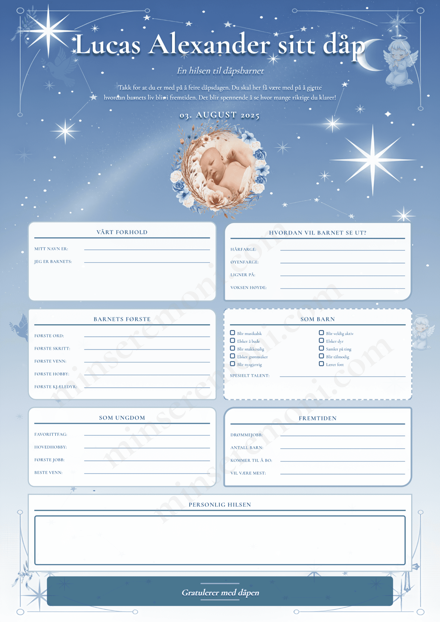 Personlig dåpsark i blått - eksempel på guttedåp dekorasjon