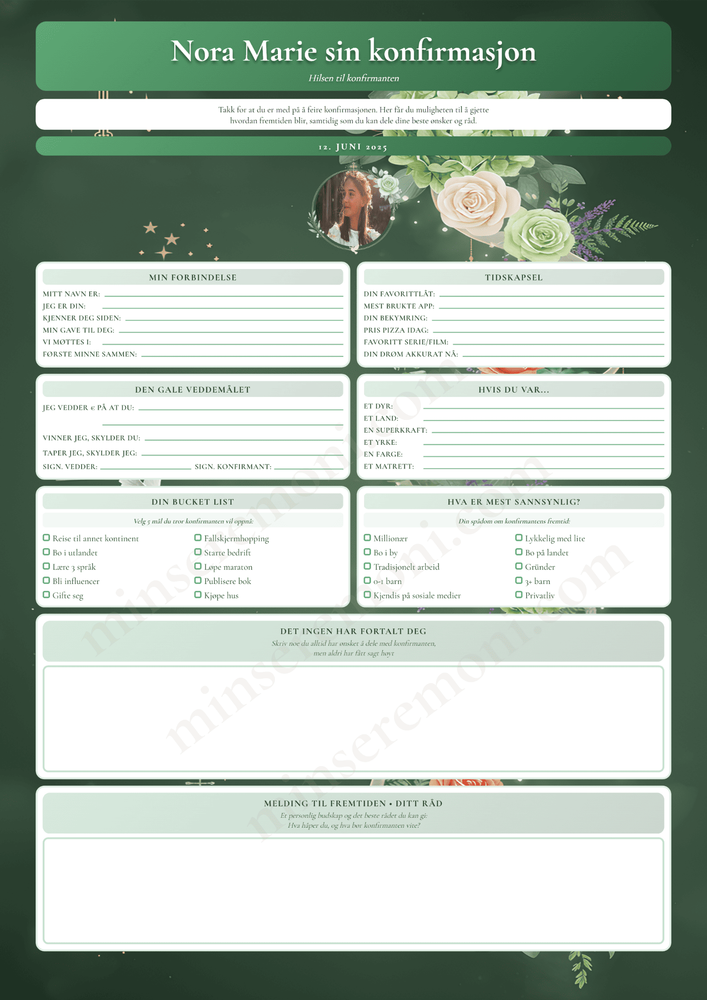 Personlig konfirmasjonsark i grønt - kreativ konfirmasjonsminne idé