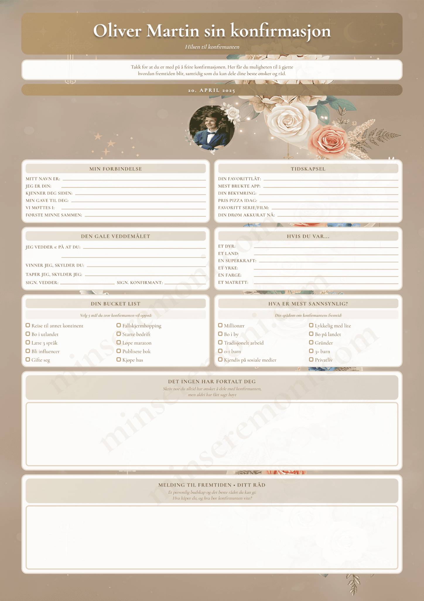 Personlig konfirmasjonsark i beige - elegant konfirmasjonsdekorasjon